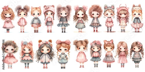 watercolor style illustration of cute fashion girl collection set, Generative Ai