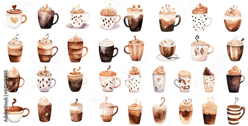 Foto watercolor style illustration of glass of hot coffee with whipped cream, collect