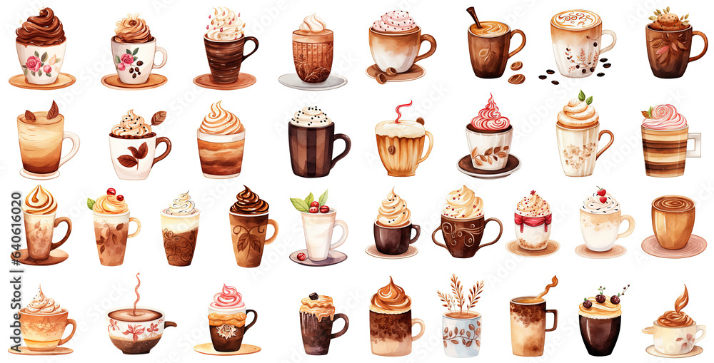 watercolor style illustration of glass of hot and cold coffee with whipped cream, collection set, Generative Ai watercolor style illustration of glass of hot and cold coffee with whipped cream, collection set, Generative Ai