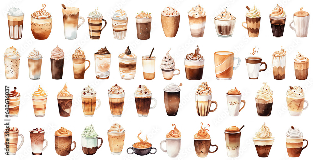 watercolor style illustration of glass of hot and cold coffee with whipped cream, collection set, Generative Ai watercolor style illustration of glass of hot and cold coffee with whipped cream, collection set, Generative Ai
