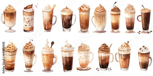 watercolor style illustration of glass of cold coffee with whipped cream, collection set, Generative Ai