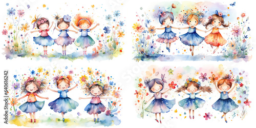 watercolor painting style illustration of cute happy fairy angel play together in spring flower blossom garden, generative Ai