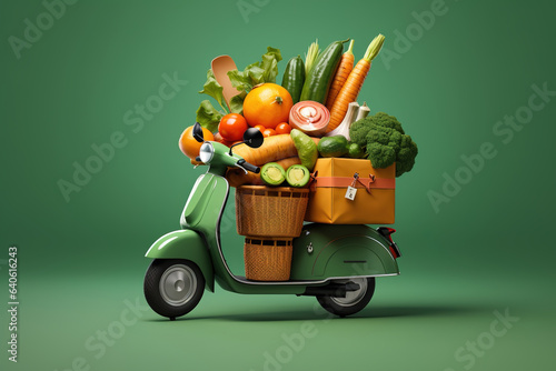 Italian scooter with a lot of fruit and vegetables as a symbol of food delivery service.