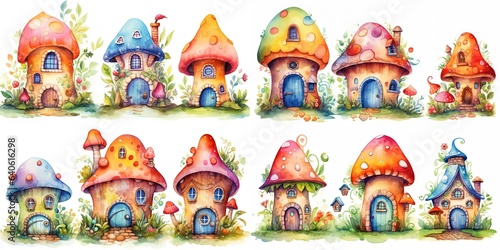 watercolor style illustration of cute cartoon  fairytale mushroom house collection set  Generative Ai