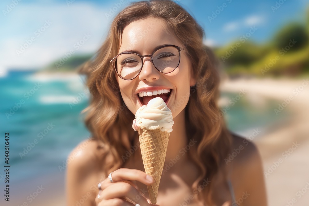 close up woman eating cream at beach close up woman eating cream at beach