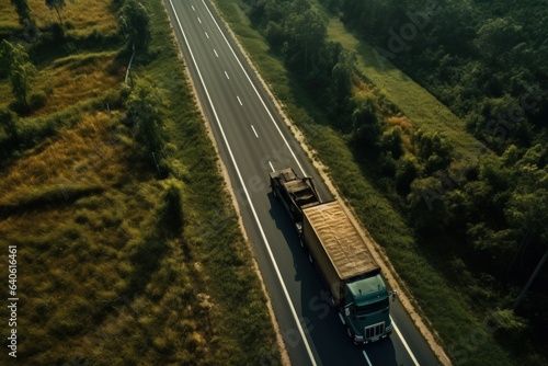 Truck driving on the asphalt road in forest.