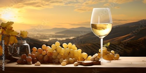 Stimmungsvolle Weinlandschaft  Weinglas auf Tisch mit Blick