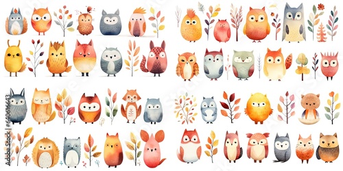 watercolor style illustration of cute owl bird , collection set, Generative Ai