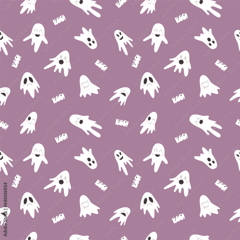 Fototapeta premium Vector seamless pattern with Halloween holiday ghosts, happy, spooky, tired, angry, cute faces.