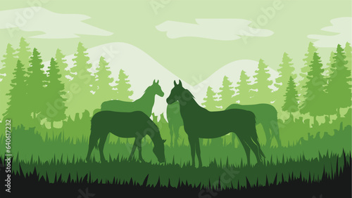 World Wildlife Day with silhouettes of Horse, Simple grassland background, Green gradient background, Animals background, Horses background, Pasture, Meadow