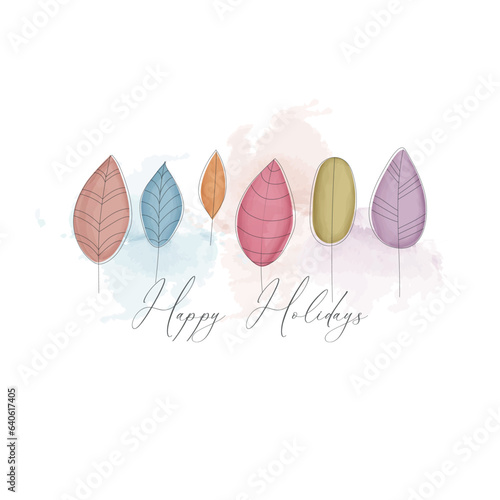 Happy Holidays beautiful lettering and watercolor trees on white background. Cute doodle watercolor design for postcard. Vector illustration.