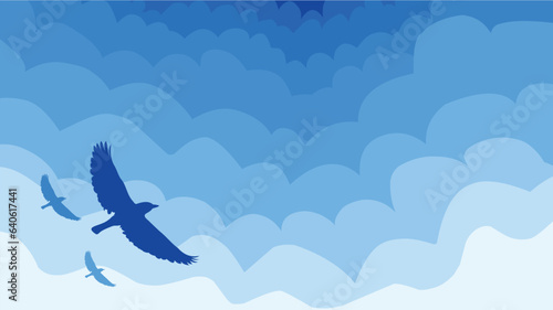 World Wildlife Day with silhouettes of bird fly on blue sky, Simple sky background, Blue gradient background, Animals background