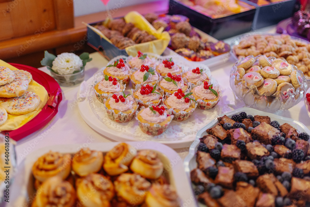 Delicious homemade cakes and desserts at a wedding buffet Delicious homemade cakes and desserts at a wedding buffet