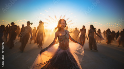 Young woman dancing outdoor at music party, Generative Ai illustration