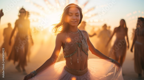 Beautiful boho beauty dancing at outdoor music festival, Generative AI Illustration