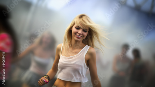 Beautiful blonde teen girl dancing outdoor at music festival, Generative AI Illustration