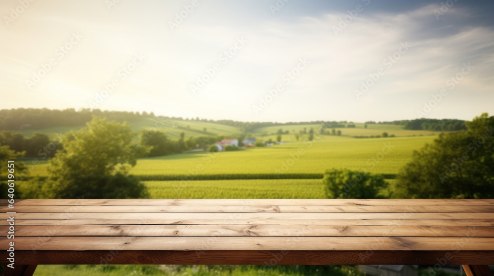 Fototapeta premium Empty wooden table top with blur background of farm