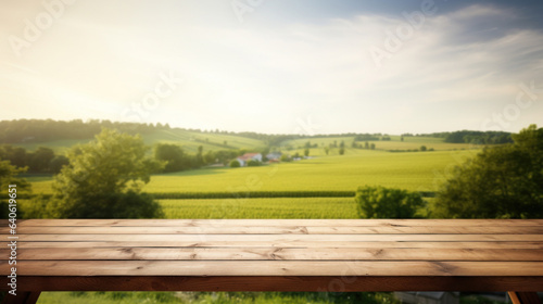 Empty wooden table top with blur background of farm