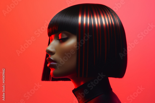 futuristic beauty portrait of black woman with a sharp bob haircut