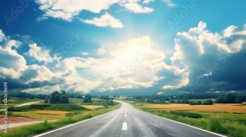 Beautiful summer landscape with road, fields and blue sky with clouds © tashechka