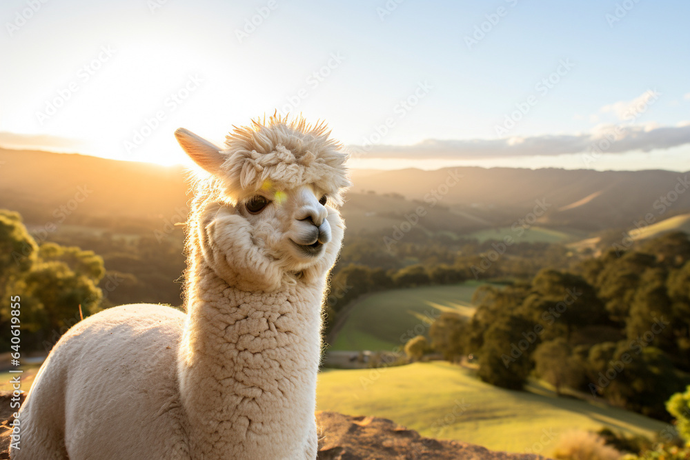 Obraz premium An alpaca gazing at the horizon with a serene backdrop of rolling hills, embodying a peaceful sense of love, love