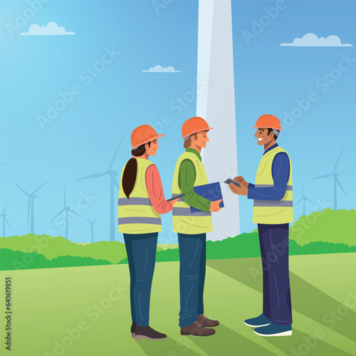 Engineers and worker discussing the maintenance schedule for the wind turbines.