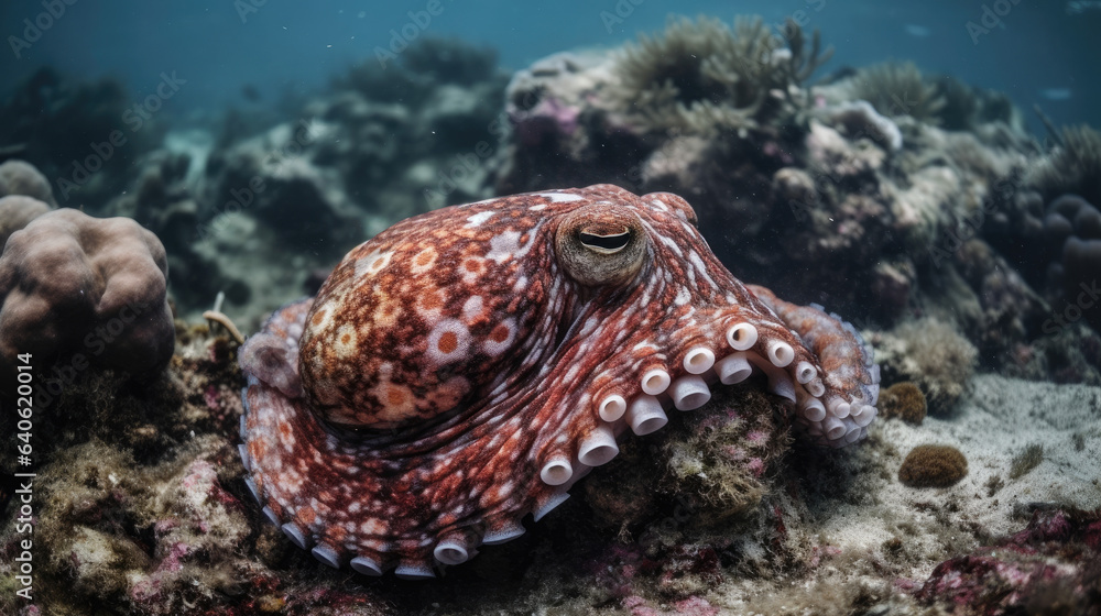 An octopus with an almost red and pink marbled skin moves among brown coral in an ocean shallow. An octopus with an almost red and pink marbled skin moves among brown coral in an ocean shallow.