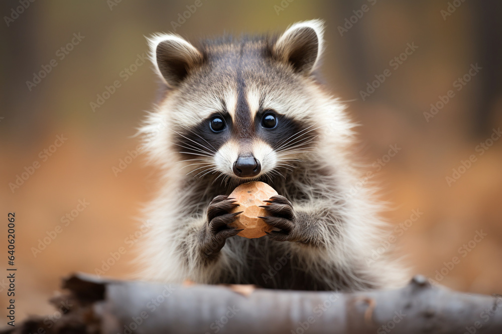 Raccoon holding a small object with its tiny paws, highlighting their dexterous and curious nature, love  