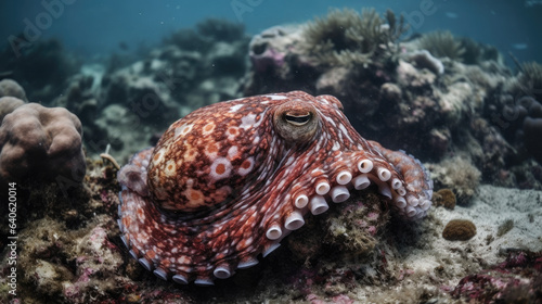 An octopus with an almost red and pink marbled skin moves among brown coral in an ocean shallow.