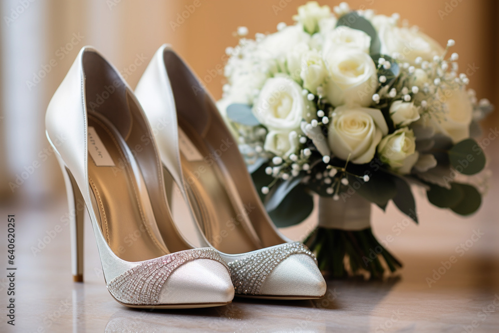 Obraz premium Bride's shoes positioned beside her bridal bouquet, showcasing the harmonious blend of floral beauty and love, love 
