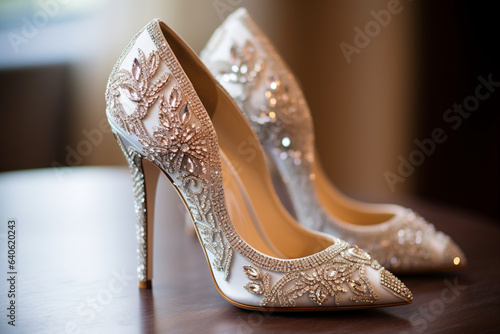 Shoes adorned with intricate beading and jewels, reflecting the bride's radiant personality and love for elegance, love 