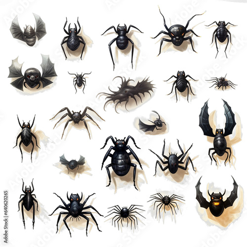 Spiders, Bats and Black Cats, Halloween, No Shadows, High Resolution on a white background