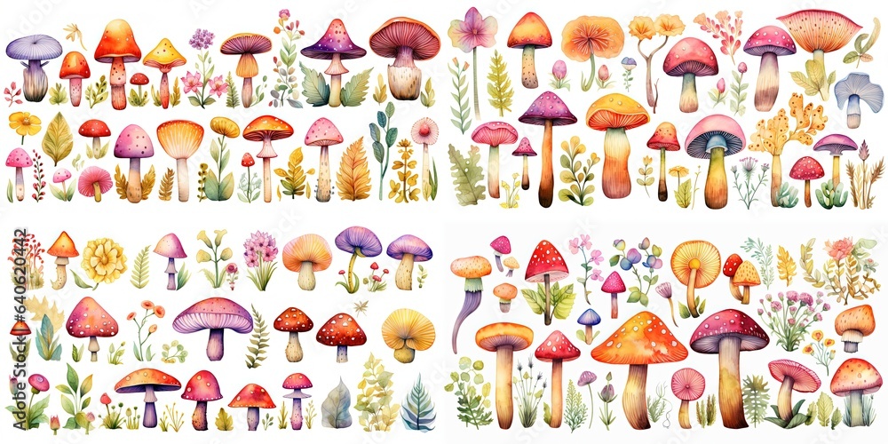 watercolor illustration of mushroom and autumn season foliage cartoon style isolated on white background, children art style design, Generative Ai