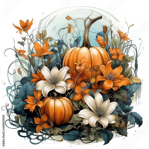 Watercolor Pumpkin Flower T-shirt Design, a fantastical scene where pumpkin flowers transform, Generative Ai