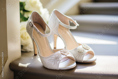 Bride's shoes gracefully positioned on a staircase, symbolizing the steps towards a new chapter of love and partnership, love 