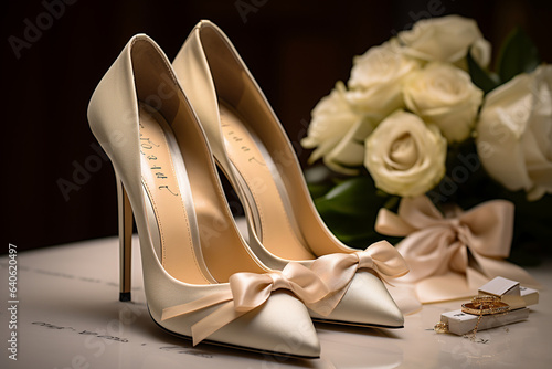 Bride's shoes showcased alongside a handwritten love letter or vow, capturing the essence of heartfelt emotions, love 