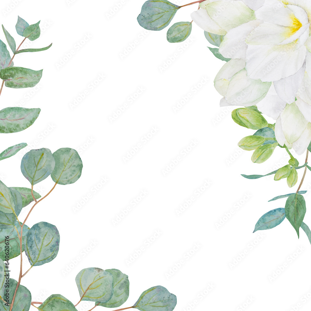 Watercolor frame of white freesia flowers and eucalipt. Hand drawn floral illustration for wedding invitations, floristic, beauty salon. Isolated tropical flower for greeting Watercolor frame of white freesia flowers and eucalipt. Hand drawn floral illustration for wedding invitations, floristic, beauty salon. Isolated tropical flower for greeting