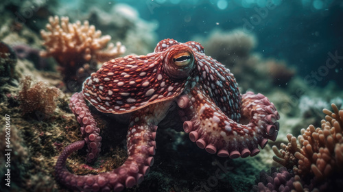 An octopus with an almost red and pink marbled skin moves among brown coral in an ocean shallow.