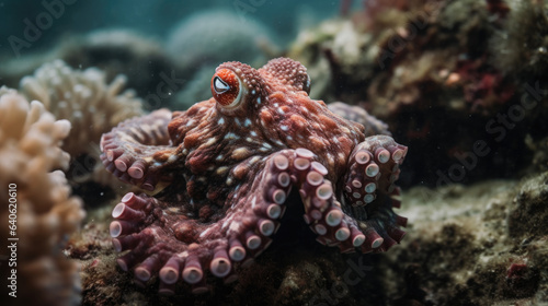 An octopus with an almost red and pink marbled skin moves among brown coral in an ocean shallow.