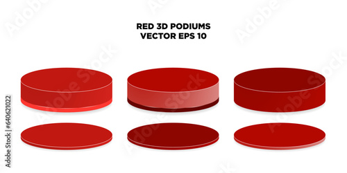 Set of 3D Rendered Glossy Platforms, thick and thin podiums. Empty 3d red podiums with subtle shadows. Showroom pedestals. Vector Illustration Mock up.
