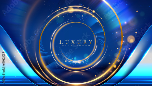 Luxury blue background with gold circle frame elements and glitter light effects decoration and bokeh. Award ceremony scene. Vector illustration.