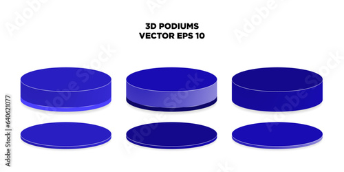 Set of realistic rich blue Podiums and pedestals. Colorful 3d stands with shadows. Persian Blue, Rich Blue, Royal Blue. Editable Vector Illustration. EPS 10
