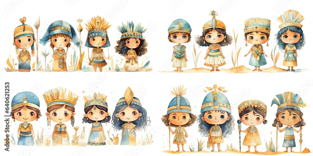 watercolor style illustration of cute cartoon kid wearing ancient Egypt traditional outfit set, Generative Ai