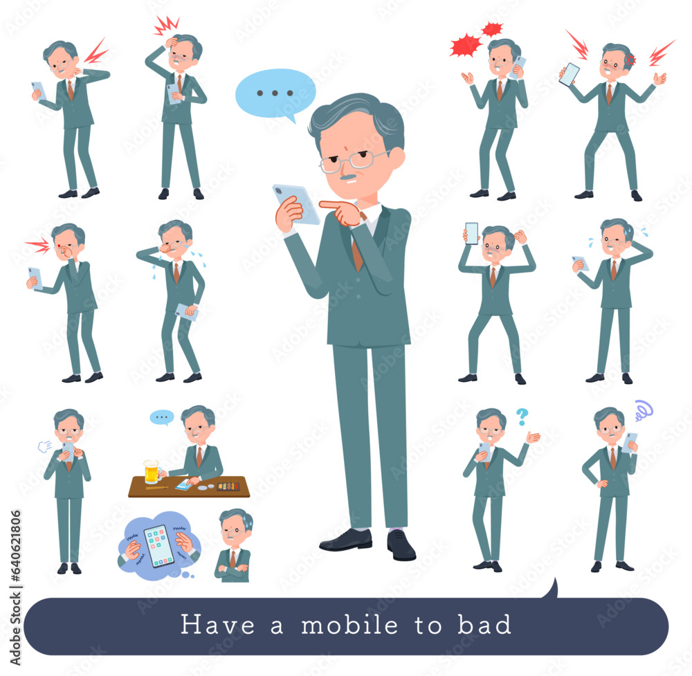 スマホを使って不幸せなビジネス社長男性のセット スマホを使って不幸せなビジネス社長男性のセット