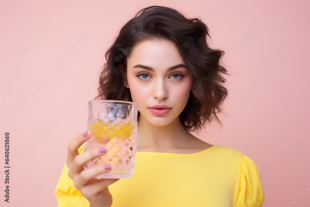woman drinking juice. the girl holds a glass with liquid collagen in her hands. beautiful woman takes care of her skin and drinks vitamins woman drinking juice. the girl holds a glass with liquid collagen in her hands. beautiful woman takes care of her skin and drinks vitamins