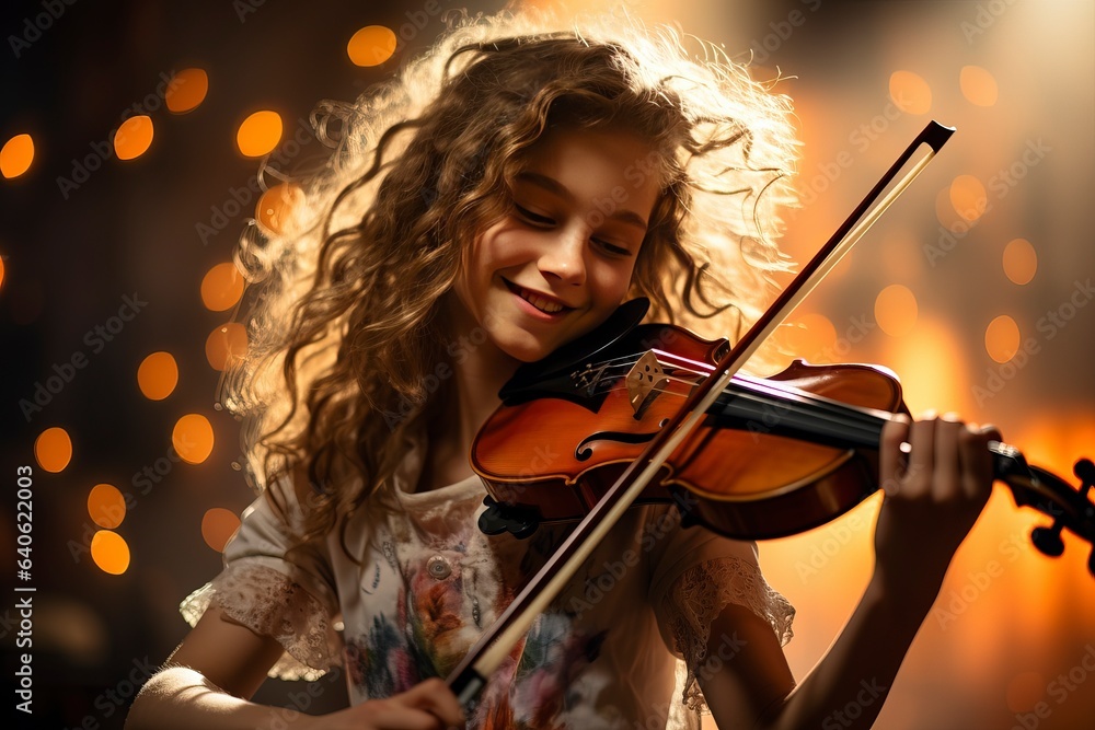 Fototapeta premium A young girl joyfully plays the violin during her music lesson , showcasing her passion for music and dedication to skill development. 'generative AI' 
