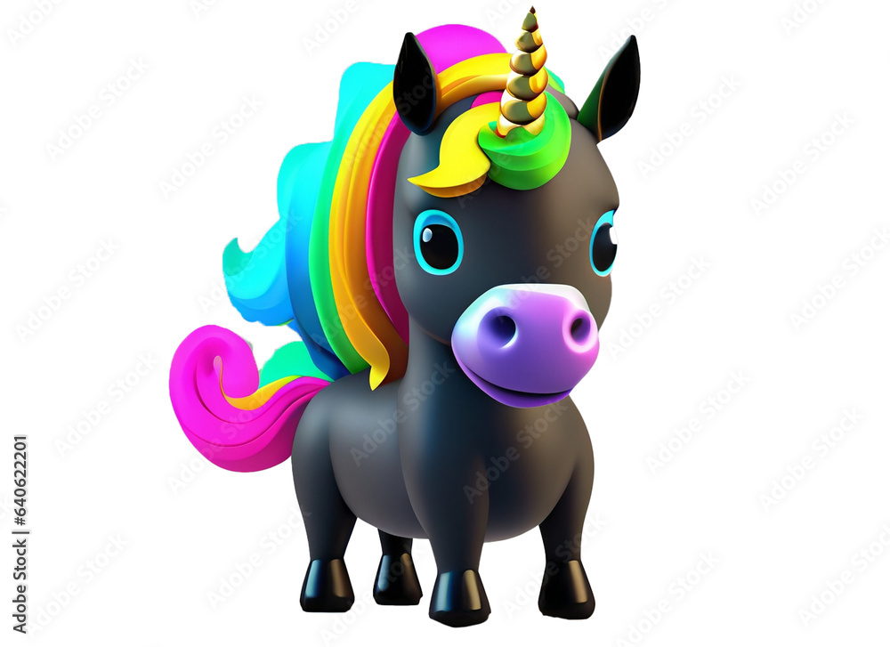 Cartoon unicorn with colorful mane and horn 
