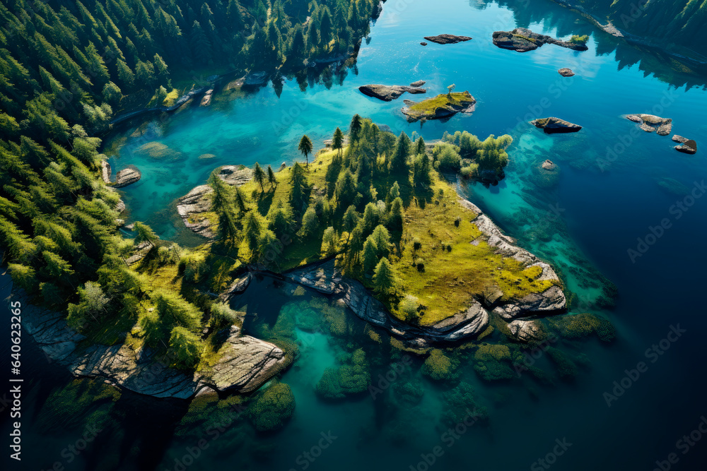 Aerial view of blue sea with small islands and green forest on a sunny summer day