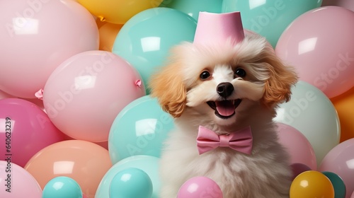 HAPPY BIRTHDAY! CREATIVE ANIMAL CONCEPT. PUPPY IN BIRTHDAY PARTY MOOD. © senadesign