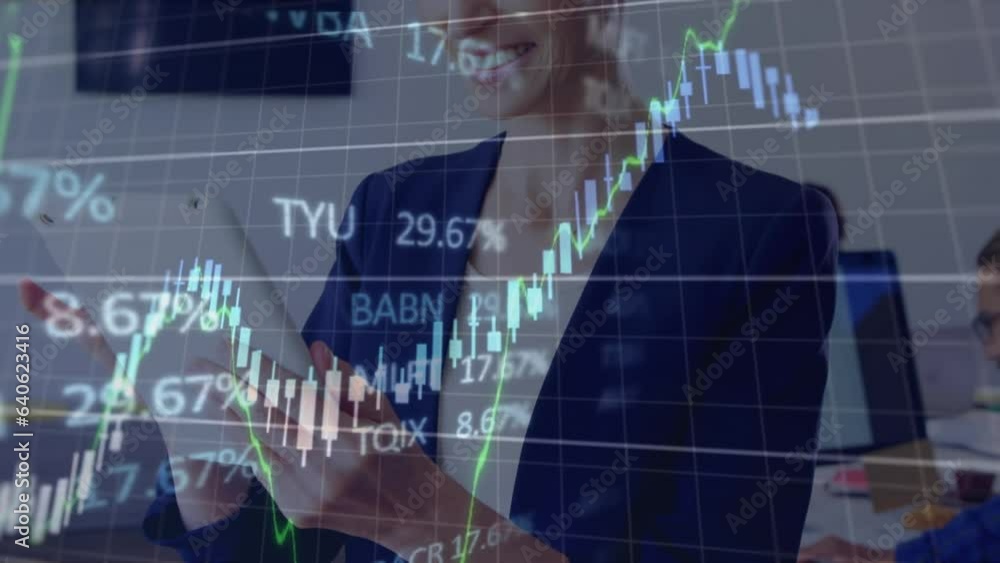 Animation of stock market data processing over caucasian businesswoman using tablet at office Animation of stock market data processing over caucasian businesswoman using tablet at office